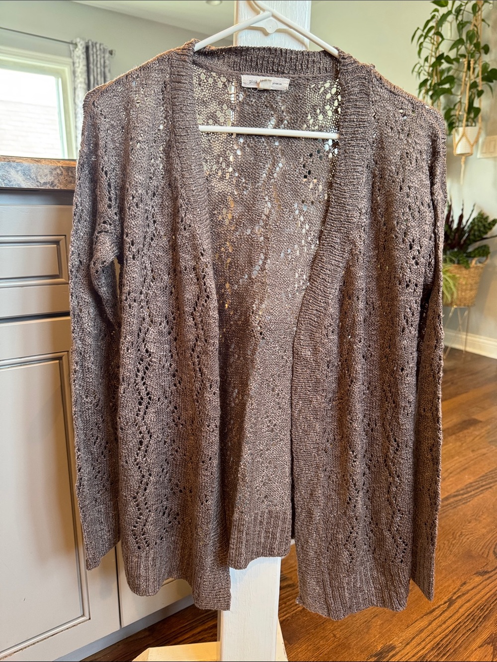 Pink Rose Brown Open-Front Lace Knit Cardigan
